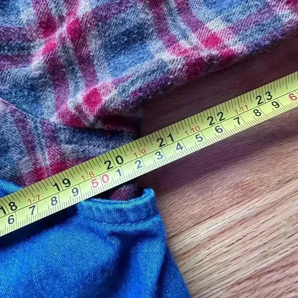 Vintage Plaid Button Shirt Attached Denim Vest  90s Button Up Flannel l SZ MED - Picture 3 of 6